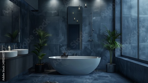 gray and dark blue bathroom interior with tub and double sink