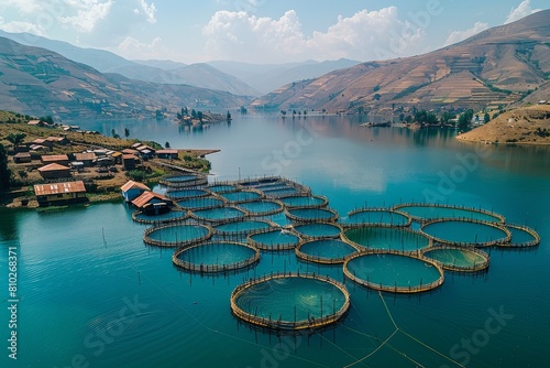 A serene lake set amid mountainous terrain with circular fish farming cages floating on calm waters, reflecting a sustainable practice in aquaculture