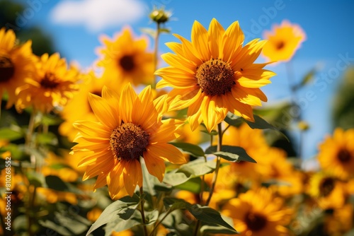 Vibrant yellow sunflowers against a blue sky