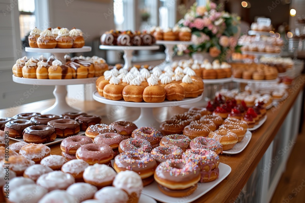 An extravagant spread of intricately decorated doughnuts and pastries arranged for a special event or gathering