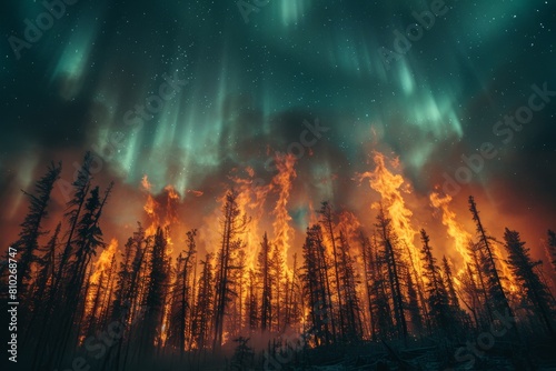 A powerful depiction of a devastating wildfire consuming a boreal forest under a dramatic night sky
