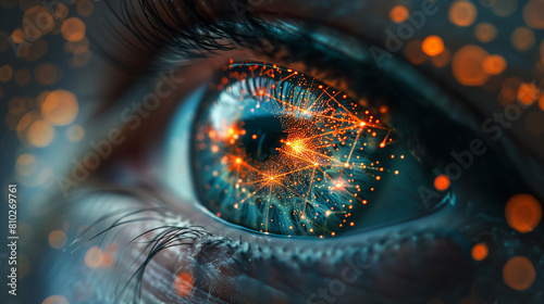 an eye is depicted with AI digital connections and data points, illustrating the integration of human vision in face ID technology for facial feature capture © Glebstock