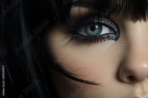 Dramatic close-up of a woman's eye with dark makeup