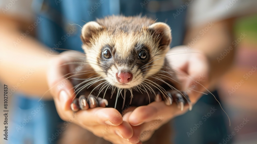 playful ferret exploring its owner's hands with curiosity and affection playful ferret exploring its owner's hands with curiosity and affection
