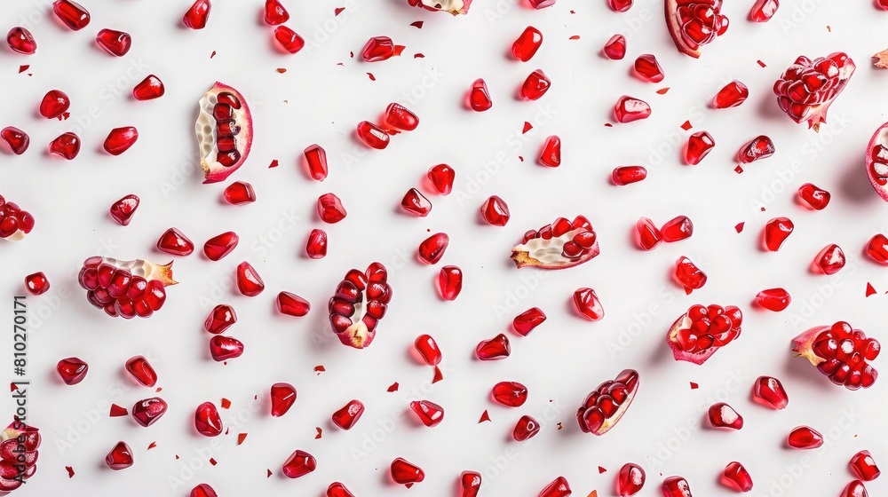 Pomegranate seeds scattered on a white surface, showcasing their vibrant red color Pomegranate seeds scattered on a white surface, showcasing their vibrant red color