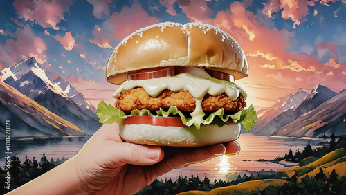 A tasty chicken burger with lettuce tomato and mayo on a toasted bun, suitable for advertising. photo