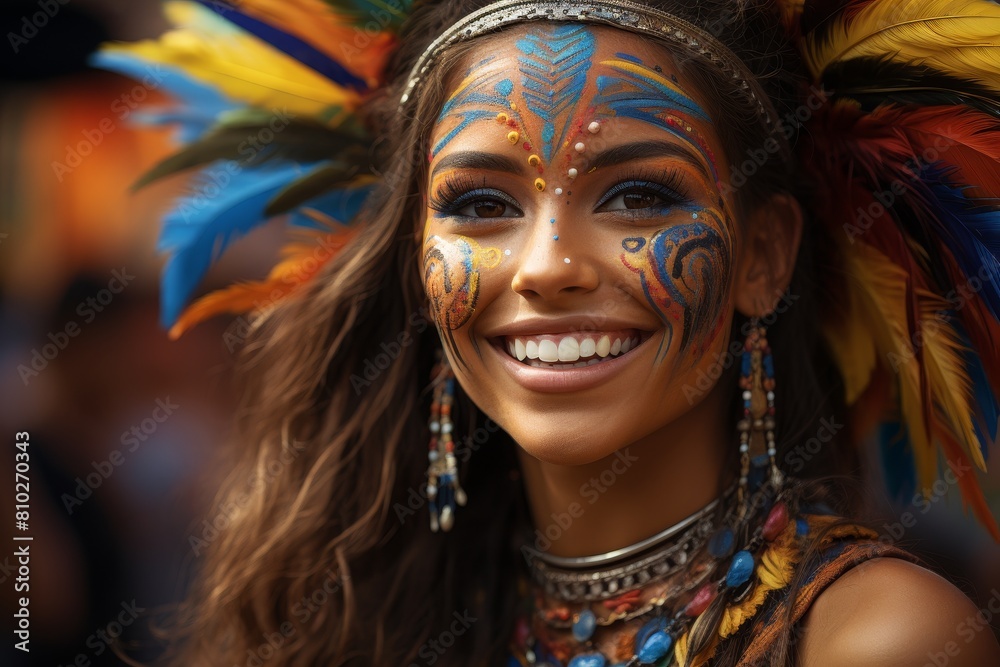 Smiling woman with colorful face paint and feathers Smiling woman with colorful face paint and feathers