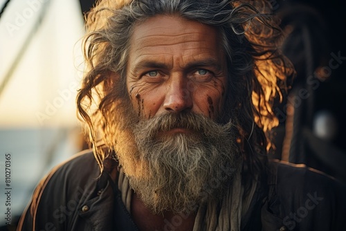 Rugged bearded man with intense gaze photo