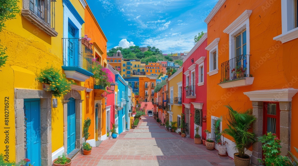 Colorful Houses in a Cobblestone Alley in Guanajuato, Mexico Under a Blue Sky