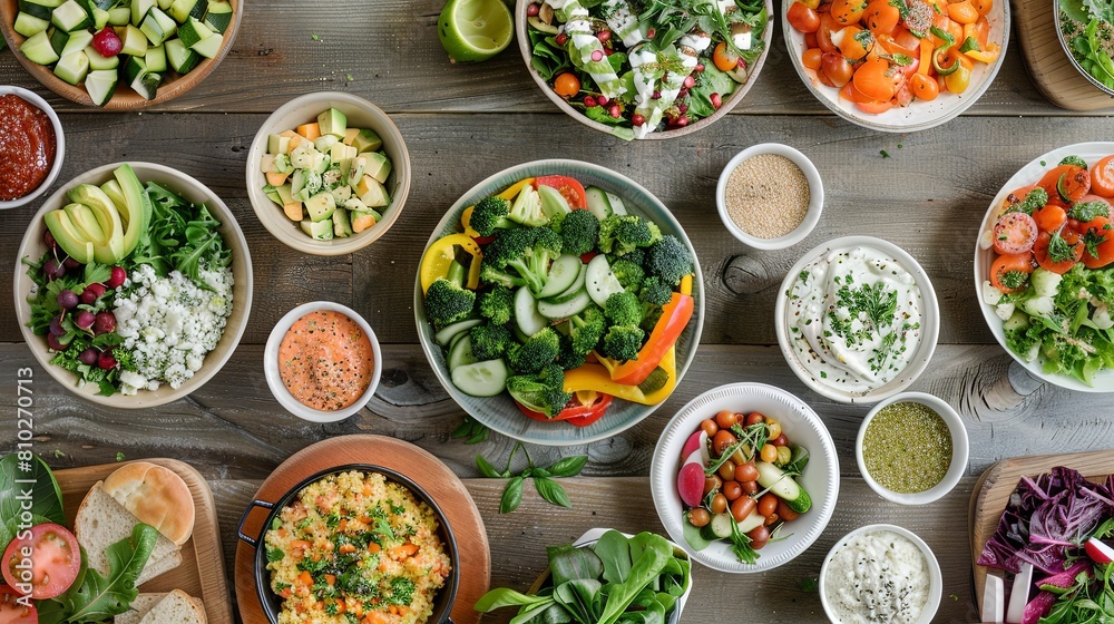 Nutritious Nourishment: Present a variety of wholesome meals designed to promote well-being and vitality in visually enticing setups. Nutritious Nourishment: Present a variety of wholesome meals designed to promote well-being and vitality in visually enticing setups.