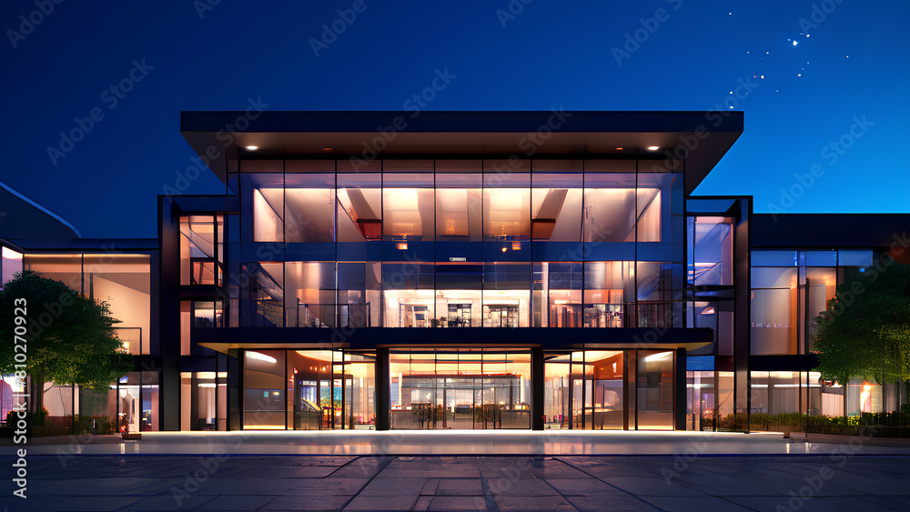 Urban Elegance: Night-Time Front View of a Shopping Mall