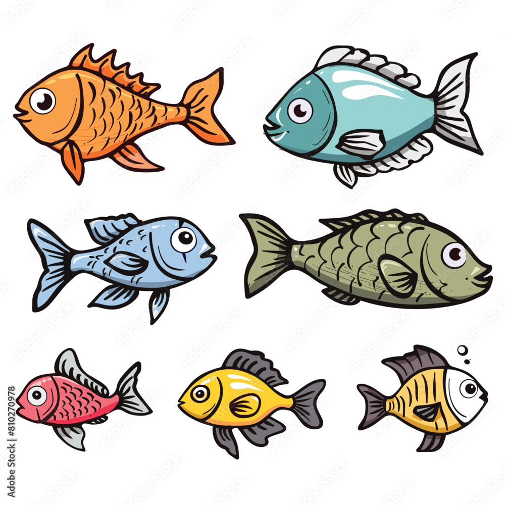 Colorful cartoon fish illustrations, diverse fish species charming cute aquatic life. Vibrant tropical freshwater fish, artistic colorful sea creatures drawing. Handdrawn simple line art collection