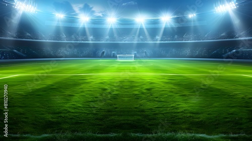 Football stadium arena for match with spotlight. Soccer sport background, green grass field for competition champion match. photo