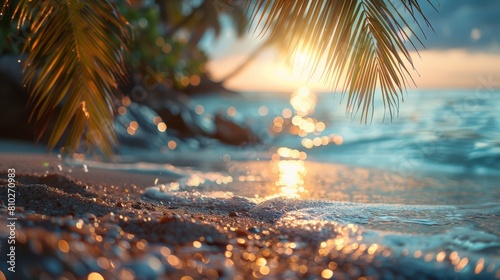 Golden Hour at a Tropical Beach with Bokeh, Palms, and Sparkling Waves