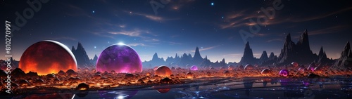 Futuristic alien landscape with glowing spheres and mountains