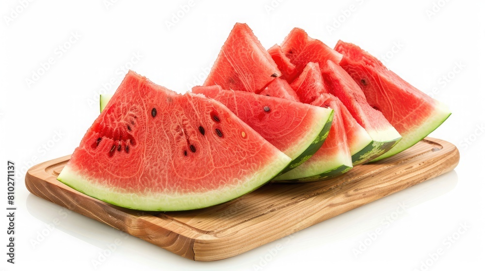 Slices of juicy watermelon arranged on a wooden cutting board Slices of juicy watermelon arranged on a wooden cutting board