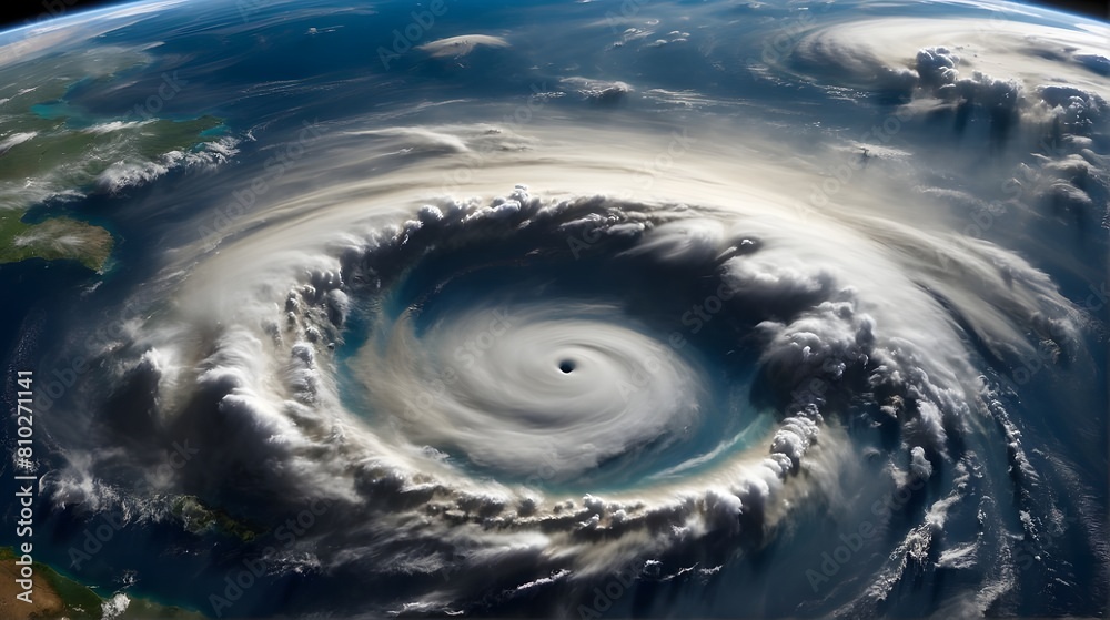 Hurricane Florence over Atlantics. Satellite view. Super typhoon over the ocean. The eye of the hurricane. The atmospheric cyclone. View from outer space, digital 