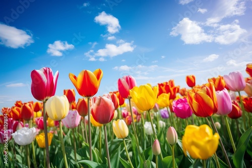 Vibrant tulips blooming in a field under a blue sky