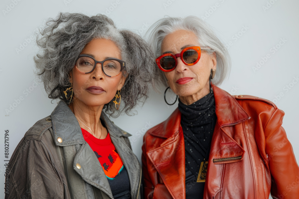 Two elegant women with distinct style make a statement with bold glasses and leather jackets. Two elegant women with distinct style make a statement with bold glasses and leather jackets.