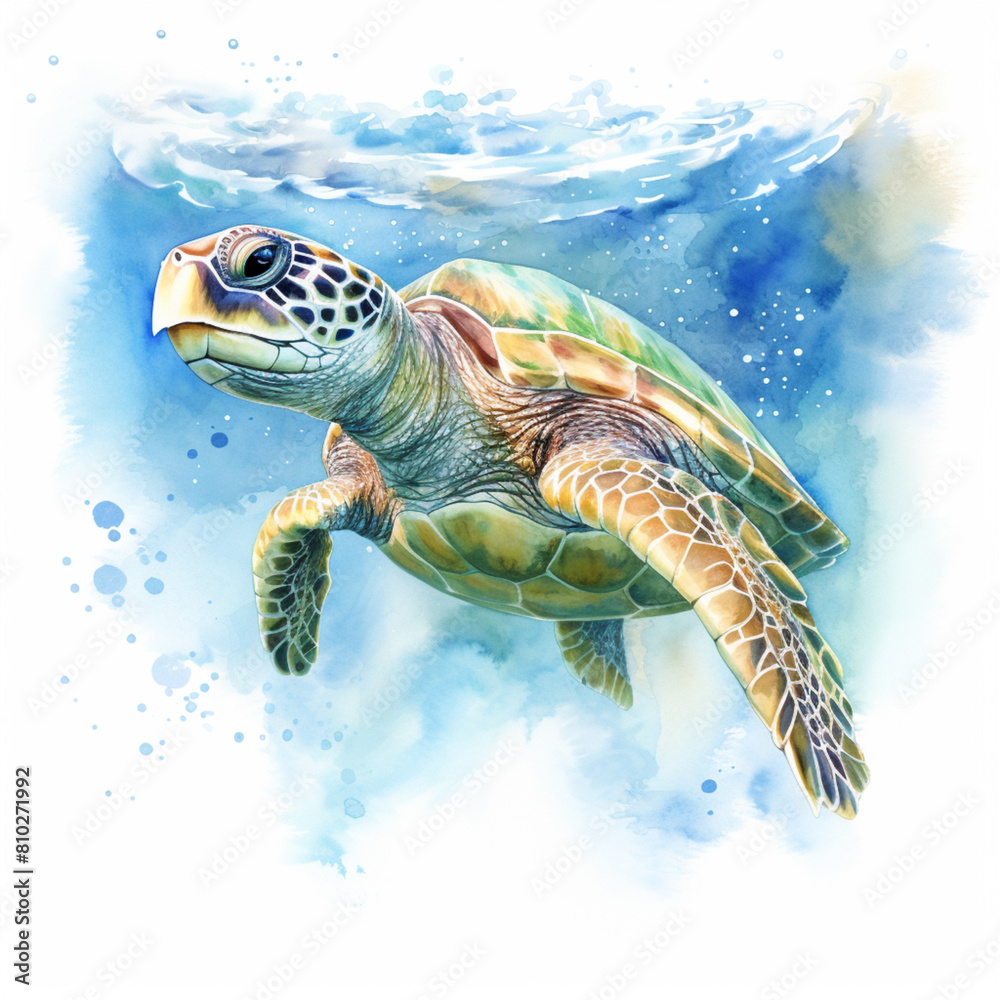 Fototapeta premium Aqua green sea turtle underwater in the ocean. Watercolor illustration.