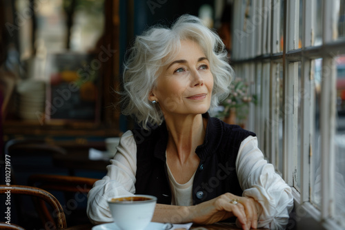 A thoughtful woman in a cafe, looking outward, embodying a blend of classic grace and modernity.