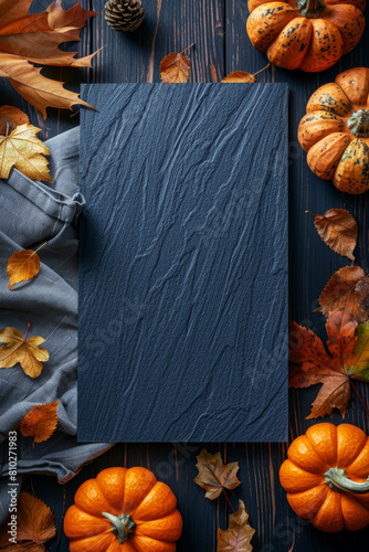 Chic autumn-inspired composition with gourds and golden leaves around an elegant slate board.