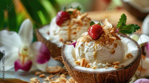 Traditional Thai coconut ice cream served in a halved coconut shell with toppings