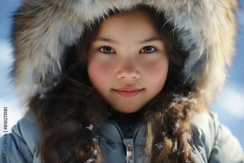 Smiling child in winter coat with fur hood Smiling child in winter coat with fur hood