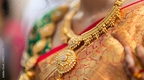 in South Indian Marriage function Mangalsutra Jewellery on bride's saree. 