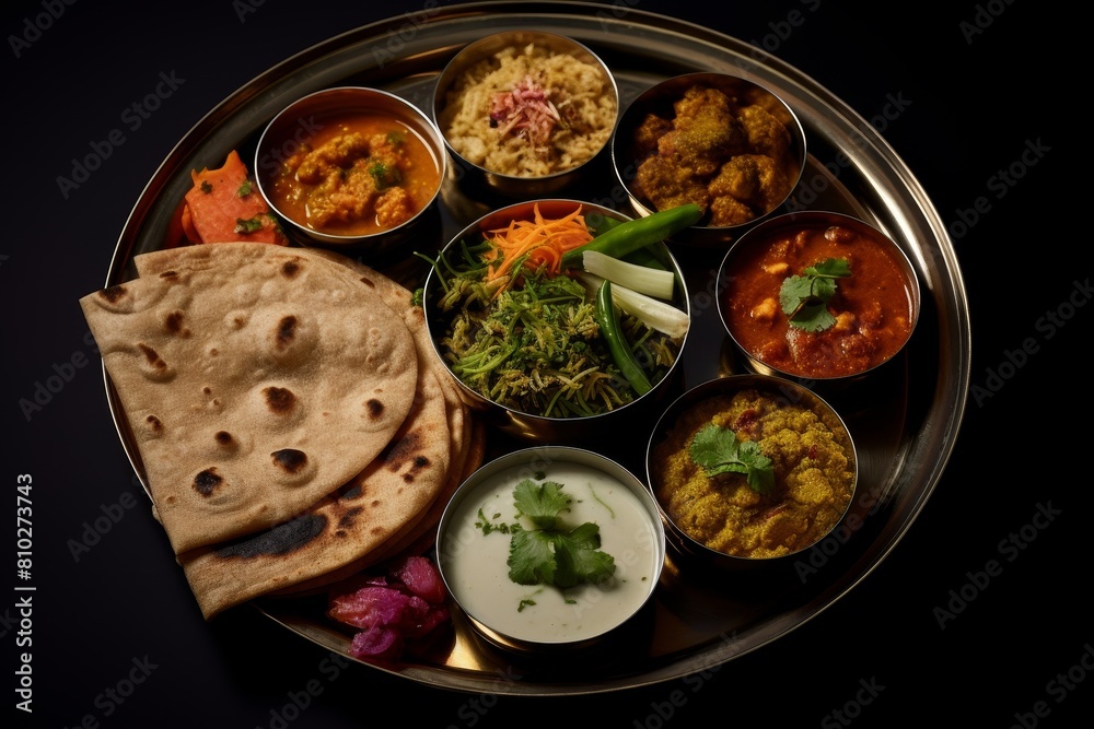 Assortment of traditional indian dishes on a thali platter Assortment of traditional indian dishes on a thali platter
