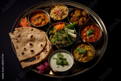 Assortment of traditional indian dishes on a thali platter