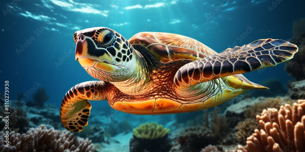 Vibrant sea turtle swimming underwater