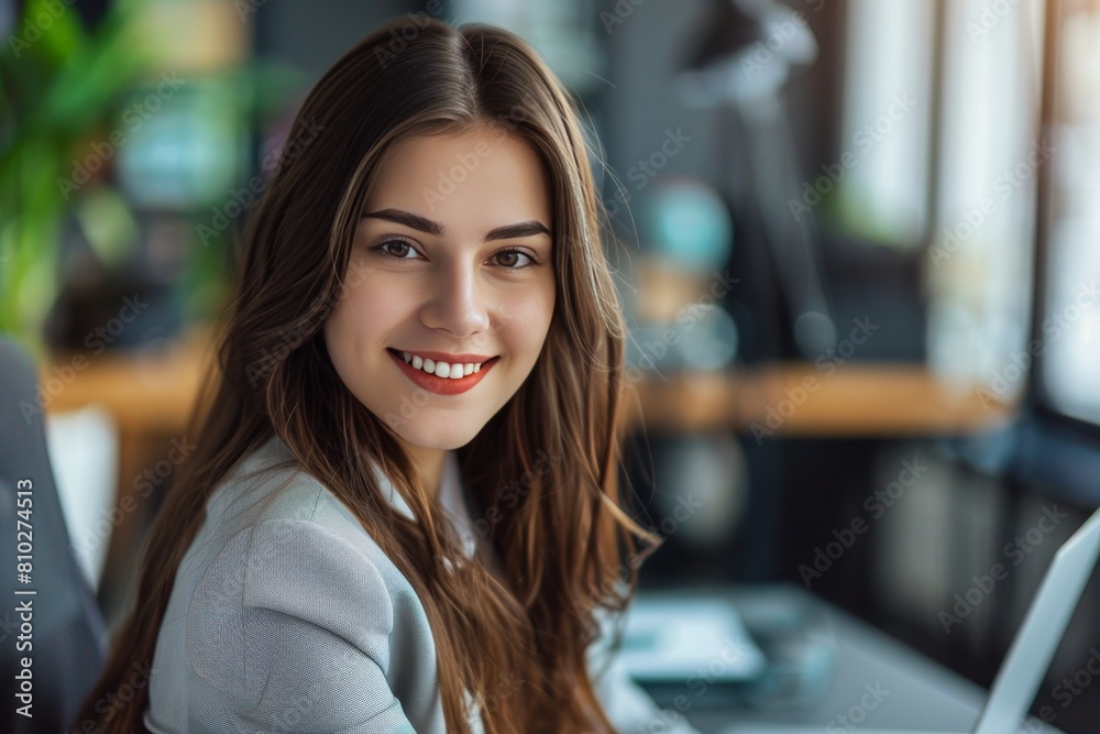 Beautiful businesswoman in stylish white attire happily posing for camera at the office Beautiful businesswoman in stylish white attire happily posing for camera at the office