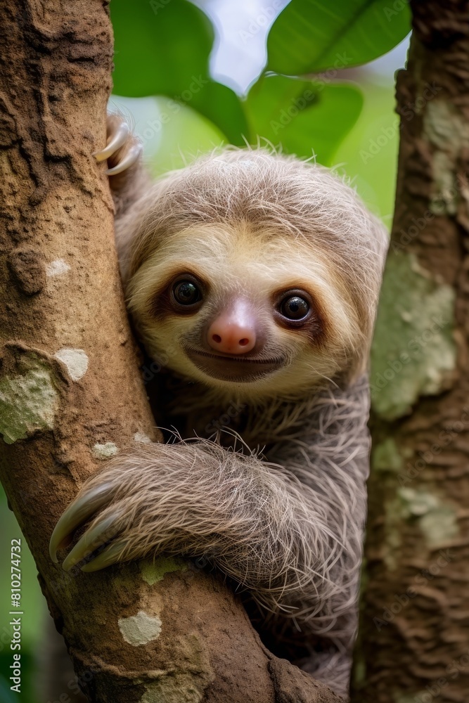 Cute sloth peeking out from tree trunk Cute sloth peeking out from tree trunk
