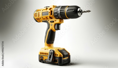 Images of an electric drill with a yellow casing, The images highlight the drill's robust design and striking yellow color, emphasizing its professional quality and functional features. photo