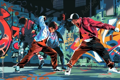 A lively street dance battle in an urban setting, illustrated in a graffiti art style with an area for a bold, expressive tagline photo