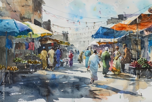 A lovely watercolor of a bustling marketplace, capturing the lively atmosphere of local commerce, isolated white background photo