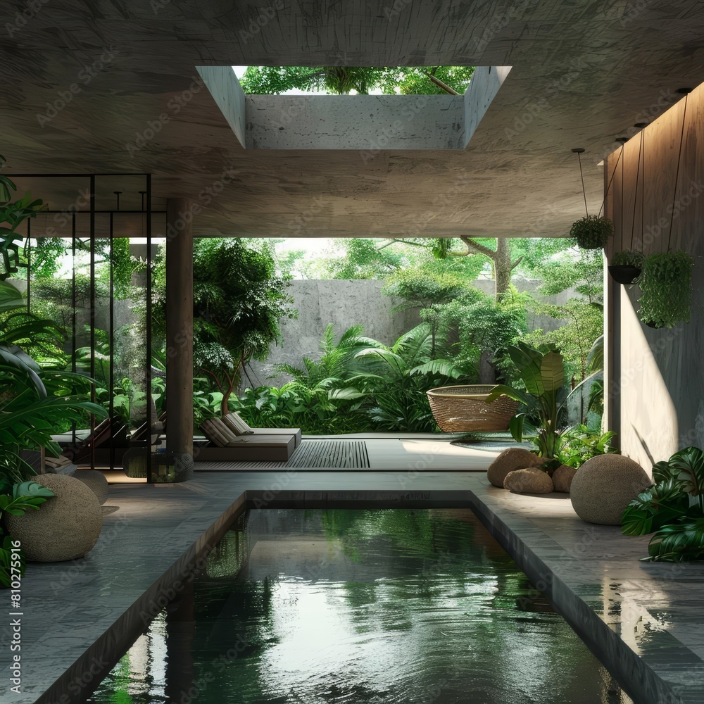 A luxurious spa retreat surrounded by lush greenery, depicted in a tranquil, minimalist style with room for a relaxation tip
