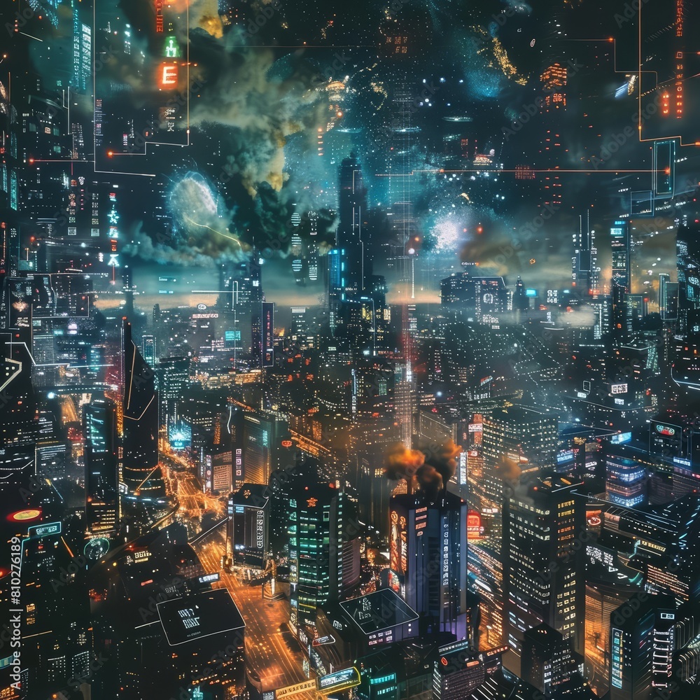 A panoramic view of a bustling city skyline at night, illustrated in a futuristic cyberpunk style with a space for an urban exploration quote