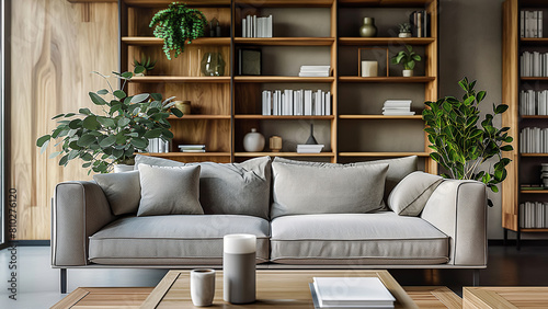 Living room with bookshelves, on gray sofa.