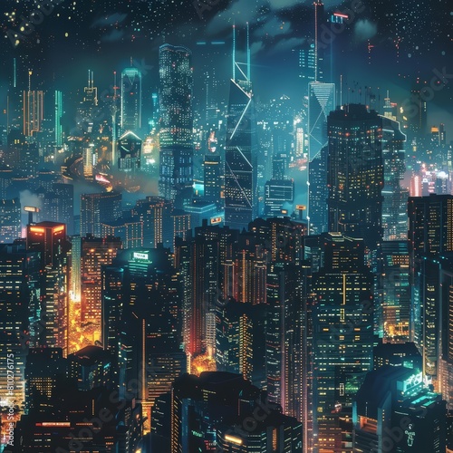 A panoramic view of a bustling city skyline at night  illustrated in a futuristic cyberpunk style with a space for an urban exploration quote