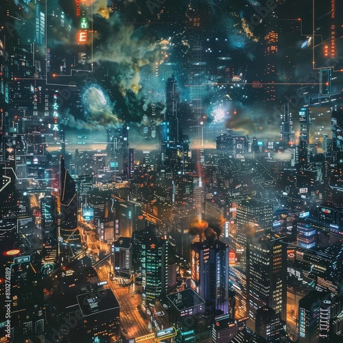 A panoramic view of a bustling city skyline at night, illustrated in a futuristic cyberpunk style with a space for an urban exploration quote
