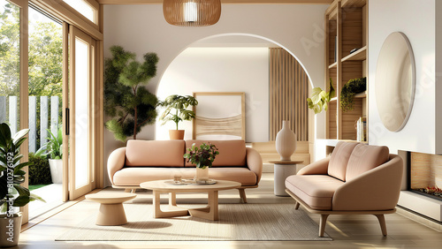 Stylish living room with beautiful sunlight, copy space, minimalist room