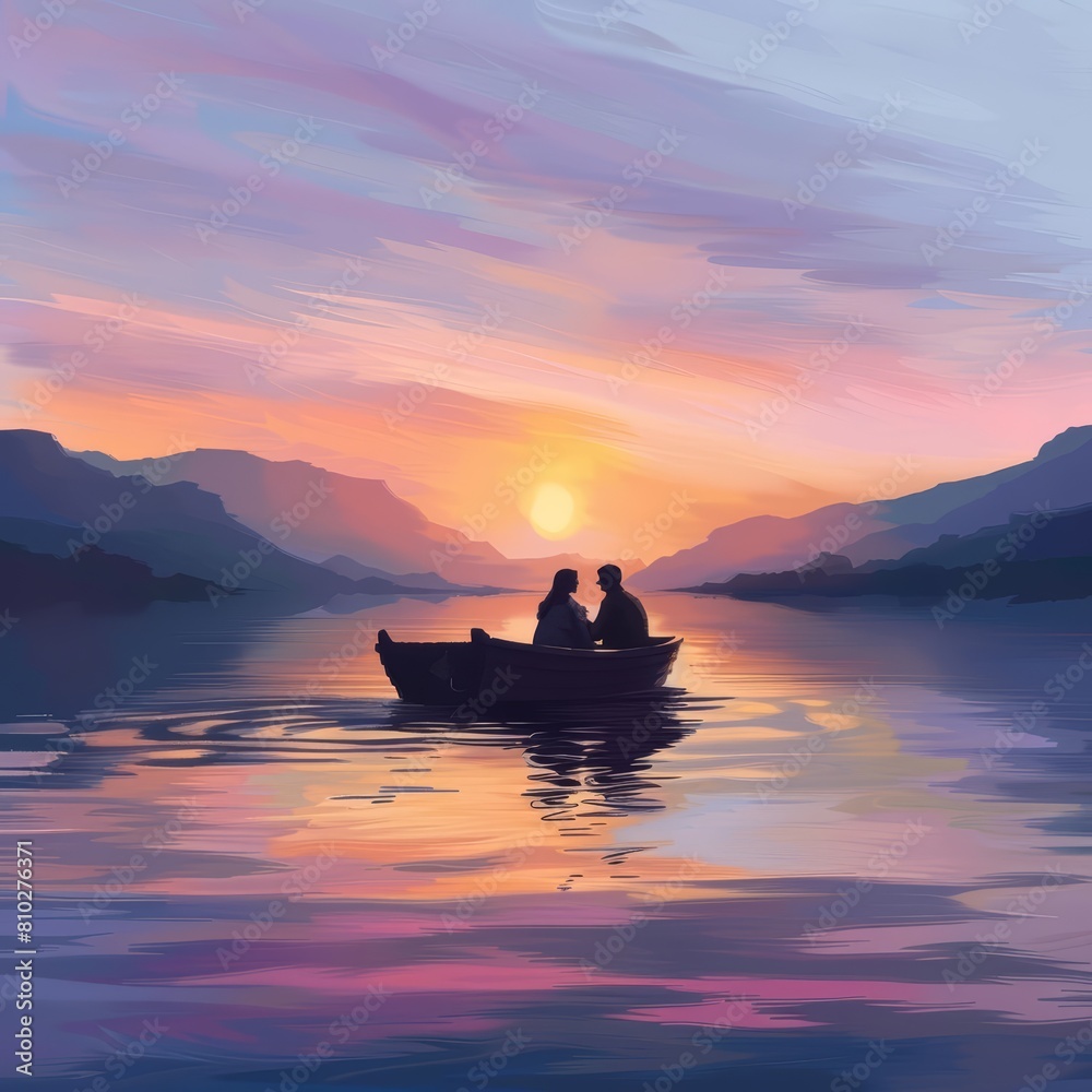 A romantic sunset cruise on a calm lake, rendered in a soft pastel style with space for a couples quote