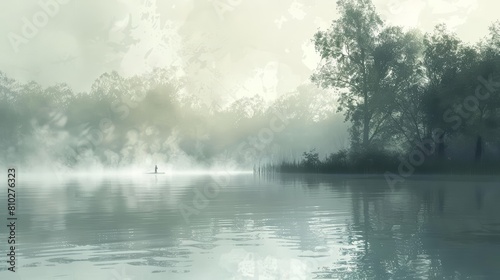 A quiet, foggy morning on a fishing lake, depicted in a muted, ethereal style with a corner for a reflective fishing quote