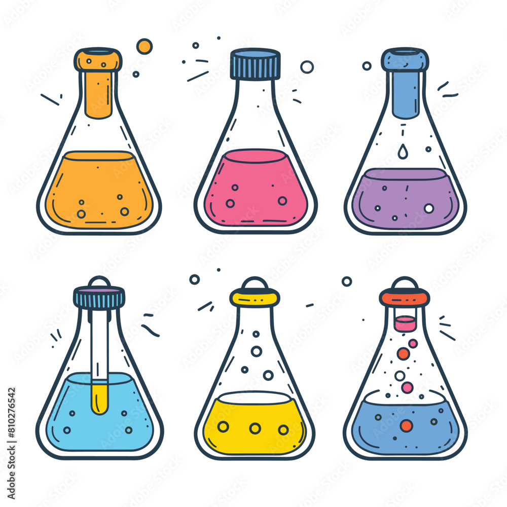 Colorful science beakers filled different solutions, bubbling chemistry experiment. Cartoon style laboratory flasks liquids research, scientific vector illustration. Educational lab equipment Colorful science beakers filled different solutions, bubbling chemistry experiment. Cartoon style laboratory flasks liquids research, scientific vector illustration. Educational lab equipment