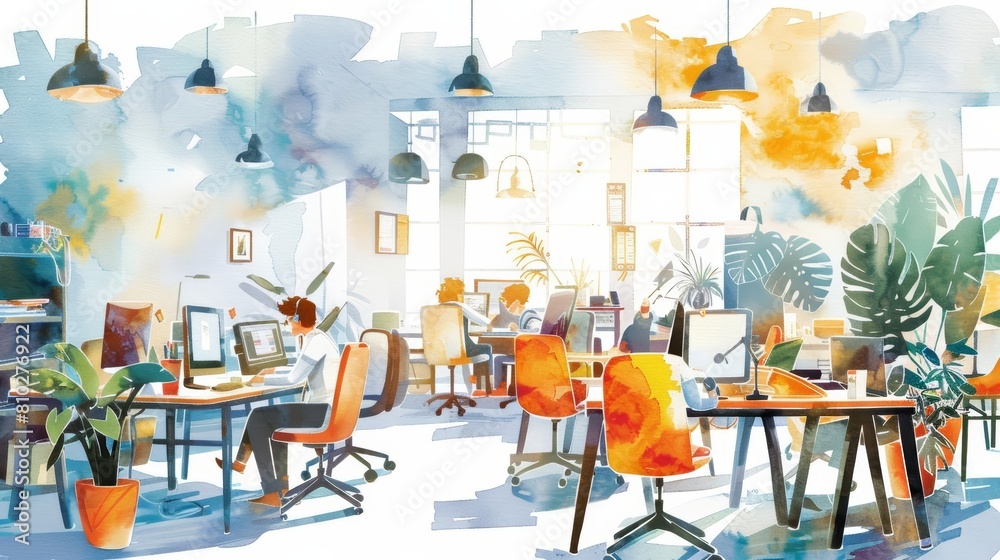 Obraz premium A watercolor of a bustling startup office in kawaii styles, simple detail clipart cute watercolor on white background