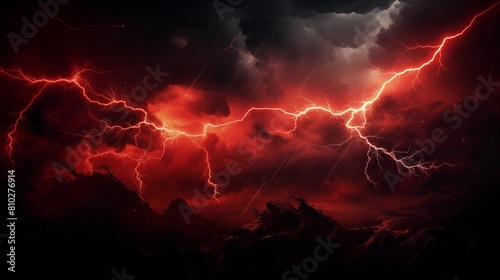 Surreal Red Lightning Illuminating a Stormy Mountainous Landscape