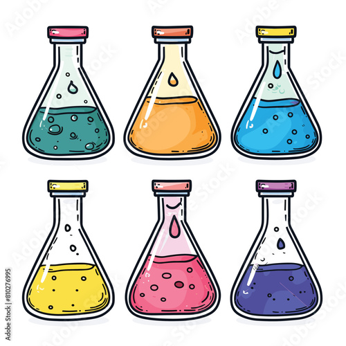 Colorful laboratory flasks filled various chemicals cartoon style illustration. Science equipment used experiments depicted, vibrant liquid colors. Handdrawn glassware educational purposes