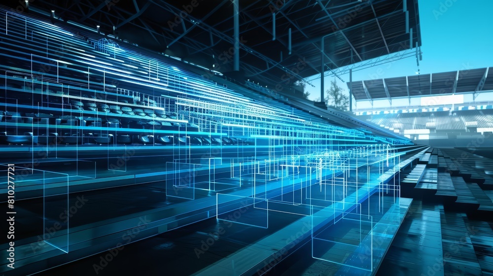 An outdoor arena with a virtual crowd projected onto empty bleachers, showcasing hightech imagery ideal for an AI visual with copy space An outdoor arena with a virtual crowd projected onto empty bleachers, showcasing hightech imagery ideal for an AI visual with copy space